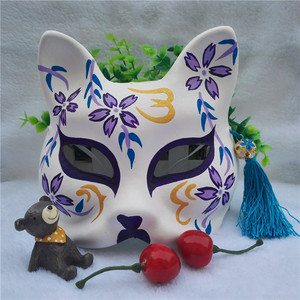 彼岸花开手绘狐狸面具 半脸狐狸纸浆z 塑料 面具 cosplay动漫面