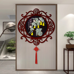 新中式五福临门装饰画入户玄关灯笼餐厅壁画客厅画玉石画玉雕挂画