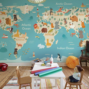 儿童房墙纸男孩女孩卧室背景墙壁纸手绘卡通动物世界地图壁画墙布