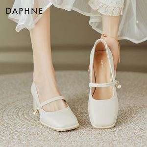 达芙妮玛丽珍单鞋女新中式配旗袍2024新夏季白色珍珠法式粗跟鞋子