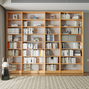 书架落地置物架组合书柜原木整墙书柜定制红橡木书架收纳书房实木