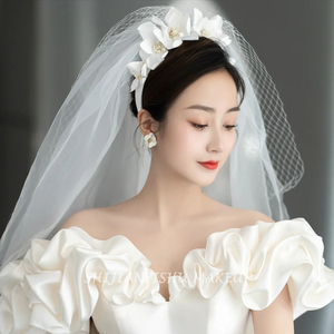 韩式超仙新娘花朵发箍头纱一体主婚纱头饰结婚拍照发饰白纱配饰品