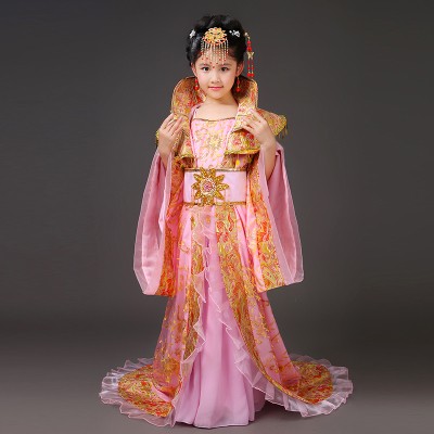 日本购儿童古装 仙o女 唐装汉服 女童拖尾宫廷 武则天皇后贵妃 服