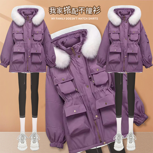 韩版紫色派克羽绒服女2024年秋冬小个子宽松保暖加厚连帽棉服外套