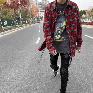 福利 自主amiri 红格子 飘带抽绳高街 欧美街头长袖男女同款衬衫