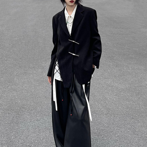 云鬓斜簪 个性绑带新中式国风外套黑色斜纹针织设计感西装外套女