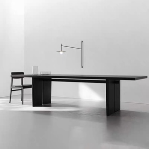 轻奢风实木长条桌极简黑色餐桌原木大板桌简约洽谈桌设计师办公桌