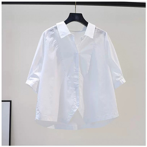韩国白色短袖衬衫女夏季2024新款遮肚子显瘦雪纺衫上衣五分袖衬衣