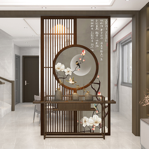 新中式实木圆形栅栏屏风隔断客厅进门遮挡入户玄关通顶现代隔断