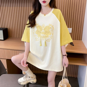 大码女装2024新款夏季中国风刺绣短袖T恤女设计感小众拼色上衣服