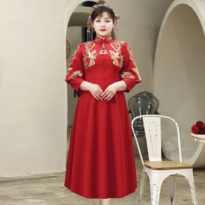 胖mm旗袍敬酒服大码秋冬季新娘秀禾服中式红色结婚礼服200斤订婚