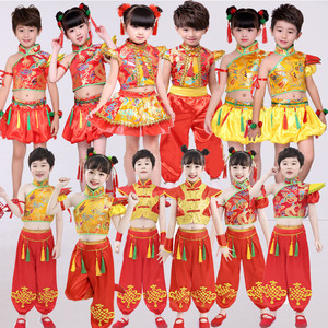 儿童打鼓服演出服中国红民族盛世欢腾腰鼓喜庆服开门红幼儿表演服