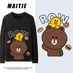 秋季布朗熊联名长袖t恤女ins港风宽松韩版oversize潮衣服纯棉上衣