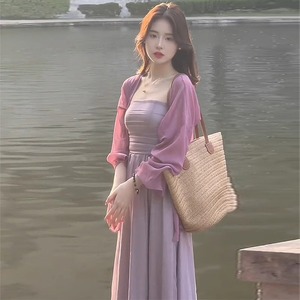 新中式温柔风超仙气质紫色收腰长裙名媛御姐超好看连衣裙两件套装