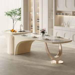 岛台餐桌一体带水槽开放式厨房别墅大户型法式轻奢亮光岩板中岛台