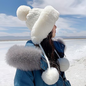 东北哈尔滨雪乡保暖装备冬季加绒加厚仿兔毛帽子女防寒雪地毛线帽