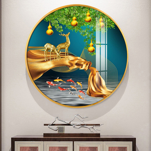 五福临门圆形装饰画进门过道玄关福鹿挂画新中式晶瓷镶钻葫芦壁画