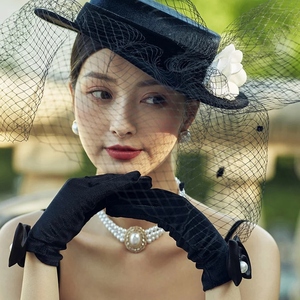 贵妇帽子赫本风黑色平顶帽网纱花朵法式复古小礼帽新娘摄影名媛帽