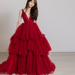 新娘结婚敬酒晚礼服深V吊带优雅酒红色晚装裙大码显瘦气质礼服裙