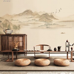新中式禅茶一味壁布禅意客厅沙发背景墙纸清净素雅壁画养生馆壁纸