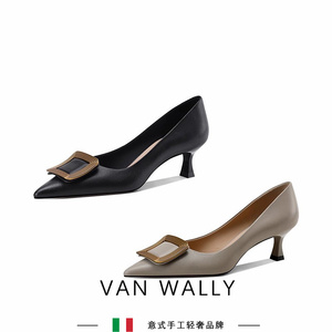 VAN WALLY新品欧货复古灰色知性女人方扣小高跟单鞋女春中跟浅口