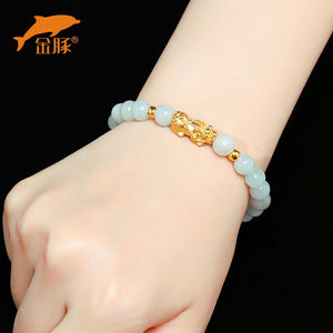 999千足金黄金貔貅转运珠手链女情人节礼物天然翡翠玉珠玉石手镯