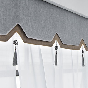 新中式窗帘棉麻遮光布客厅卧室飘窗短帘中式窗幔幔头高端山水纱帘