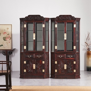 老挝大红酸枝交趾黄檀红木家具明清古典展示柜书柜六角玻璃酒柜子