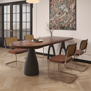 法式中古风实木餐桌椭圆形侘寂风家用小户型客厅高级半圆形岛台桌