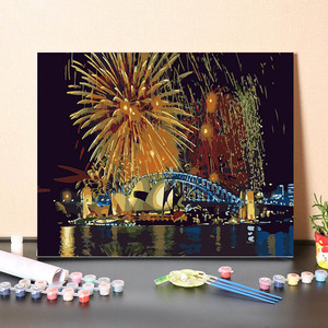 数字油画diy填充手工澳大利亚悉尼歌剧院的烟火填色手绘油彩画画