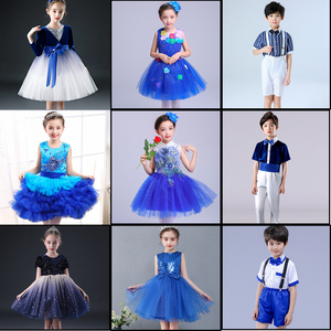 六一男女儿童演出服舞蹈亮片公主蓬蓬裙蓝色衣服合唱女孩跳舞裙子