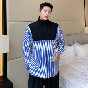 韩版纯棉拼接休闲蓝色竖条纹立领长袖衬衫卫衣男设计感小众上衣