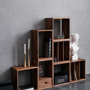 实木黑胡桃色格子柜现代简约自由组合书架多功能创意置物柜收纳柜