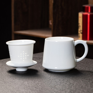 羊脂玉白瓷主人杯带盖带过滤家用办公室大容量茶水分离水杯杯功夫