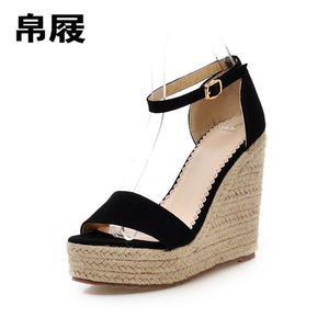 帛屐坡跟凉鞋女夏新款时尚舒适休闲女鞋防水台松糕厚底休闲草编高