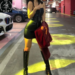 欧洲站欧美性感时尚个性dj夜店女裹胸pu皮裙抹胸连衣裙包臀潮系带