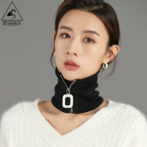 纯羊毛时尚方扣拉链围脖女加厚脖套秋冬假高领子套头围巾保暖百搭