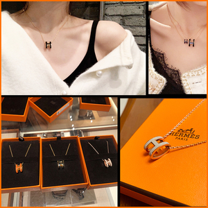 hermes爱马仕项链女士经典h字母pop珐琅吊坠玫瑰金mini情侣锁骨链