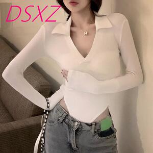 三角连衣上衣镂空女连裆露腰别致打底t恤性感热辣紧身v领针织衫春