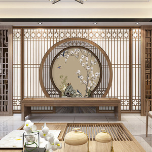 古风花鸟壁纸仿古门窗实木花格屏风装饰茶室古琴古筝教室背景墙纸