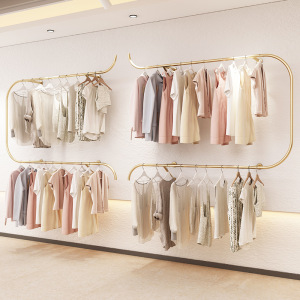 新款服装店展示架上墙壁挂架悬挂衣架双层衣服架子金色女装挂衣杆