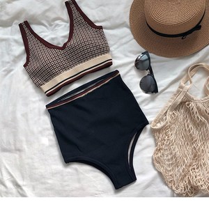 运动户外 游泳用品 比基尼 格子针织泳衣