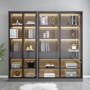 轻奢书柜定制整墙简约现代客厅推拉门书柜家用玻璃门组合书架书橱