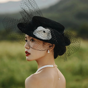 新款赫本风礼帽女黑色网纱宴会演出造型复古优雅时尚丝绒平顶帽子