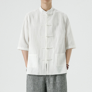 中国风亚麻中山衬衫男七分袖唐装中式棉麻休闲薄款衬衫夏季青年潮
