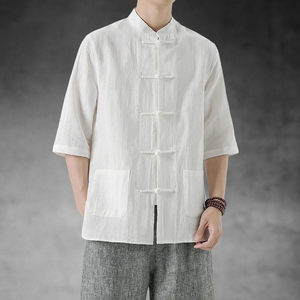 新中式男装白衬衫长袖盘扣中国风亚麻唐装高级感短袖道袍外套衬衣