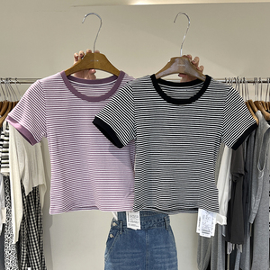 帛然短款小版t恤女boran2022年夏季修身圆领通勤条纹短袖上衣7075