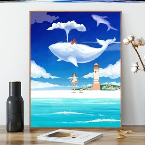 数字油画小学生材料包大鱼油彩画儿童手绘创意抽象蓝色鲸鱼装饰画