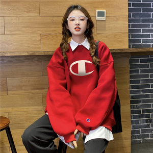 champion冠军日本代购本命年大红色春秋薄款圆领宽松卫衣女情侣装