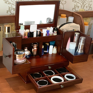 木质化妆品收纳盒带镜家用箱桌面大容量梳妆台手饰品护肤品收纳盒